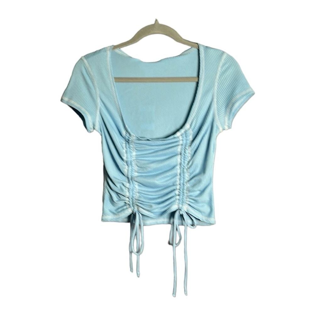 Just Polly Blue Ribbed Cropped Short Sleeve Cinched Top Medium